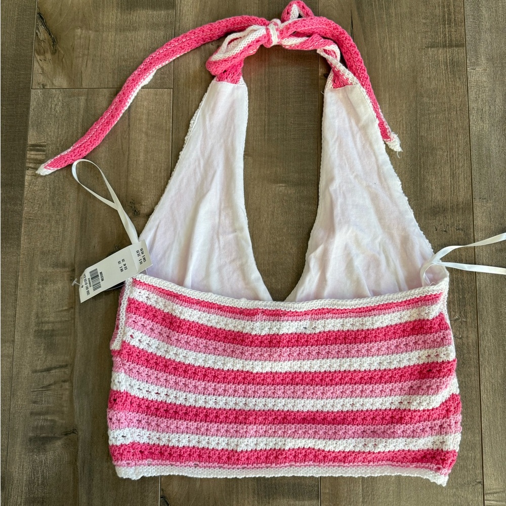 NEW Hollister Crochet Crop Top Bralette‎ Medium Halter Tie Neck Pink Lined - Picture 3 of 6